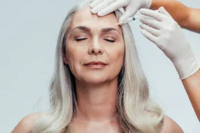 Elegant mature woman receiving premium neurotoxin injection treatment at Kansas City's Aesthetics For Women clinic. Expert Missouri medical professional administering precise anti-aging therapy for smoother skin and reduced wrinkles. Experience the gold s